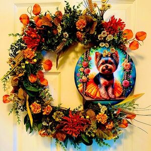 Fall floral Wreath with cute Yorkie sign attached.